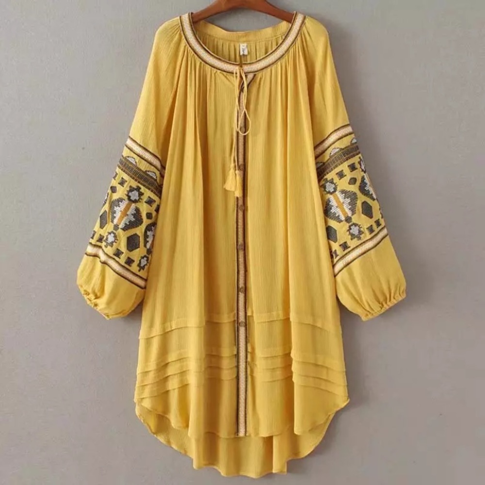 SOLD OUT Yellow Bohemian Embroidered Button Up Tunic Dress - Picture 2 of 6
